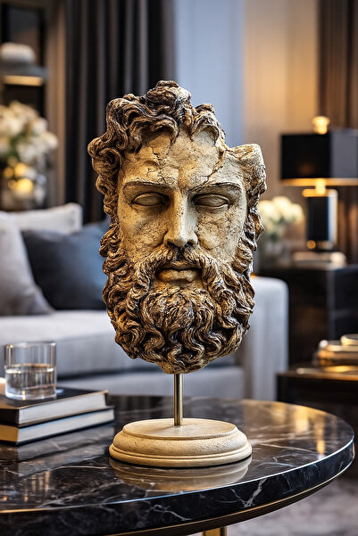 İSHTAR DEKOR DEKORATİF ZEUS BAŞI HEYKEL - TRAVERTEN RENK