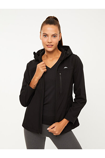 LC Waikiki Black Hooded Reflector Printed Women's Ski Jacket