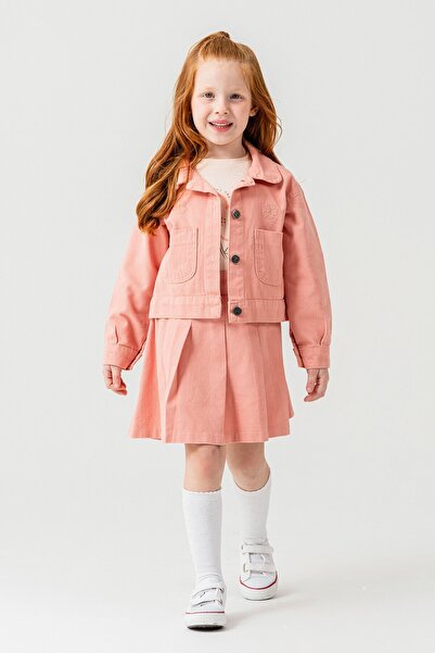 Cansın Mini Salmon Daisy Embroidered Jacket Girl's Jean Jacket 3-Piece Set 23433