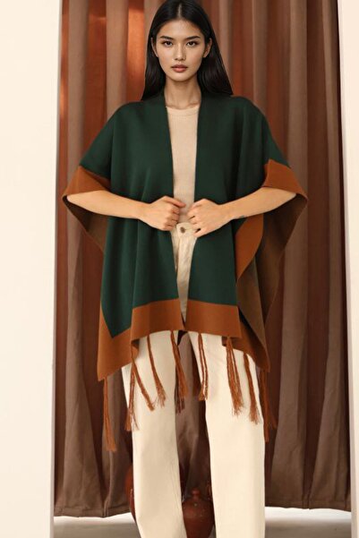 Trend Alaçatı Stili Women's dark green contrast stripe tasseled poncho alc-x1...