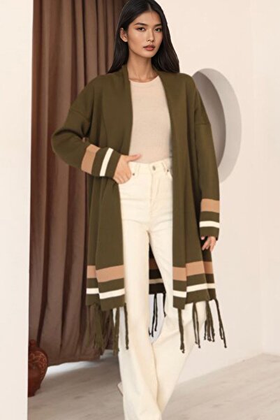 Trend Alaçatı Stili Women's Khaki Striped Detail Tasseled Long Cardigan Alc-X14745