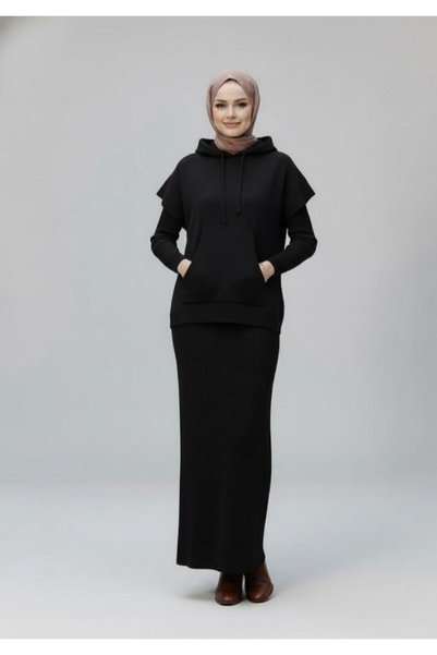 Flavus Puella Women's Lining Long Skirt Dress - Hooded Pocket Vest Knitwear Set