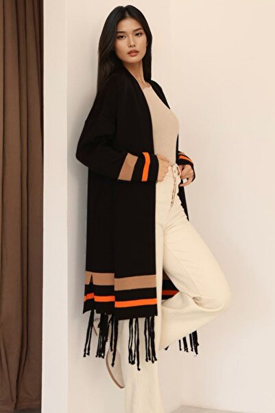 Trend Alaçatı Stili Women's Black Striped Detail Tassel Long Cardigan Alc-X14745