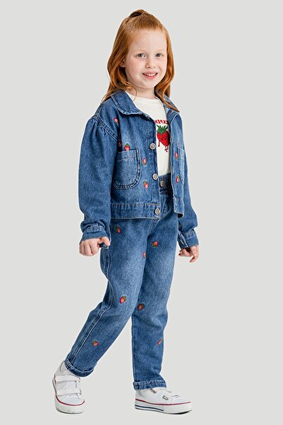 Cansın Mini Red Strawberry Embroidered Jean Jacket and Pants Girl's 3-Piece Set 23430