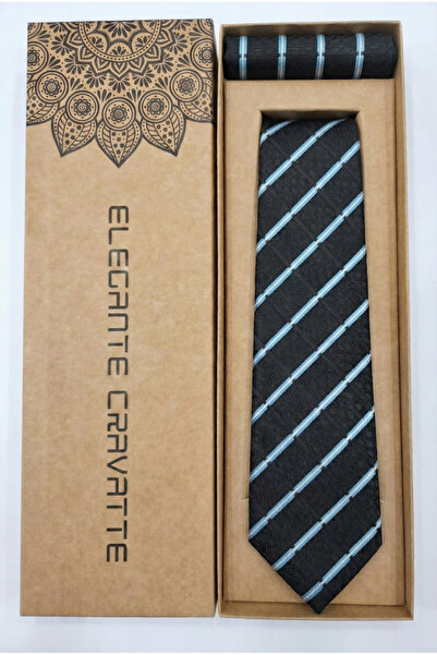 Elegante Cravatte Μαύρο μπλε ριγέ μοτίβο γραβάτα και μαντήλι τσέπης - Ειδικό κουτί