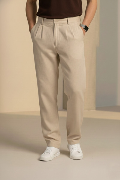 Bürke Double Pleated Cream/Beige Half Elastic Waist Quality Linen Look Baggy Trousers