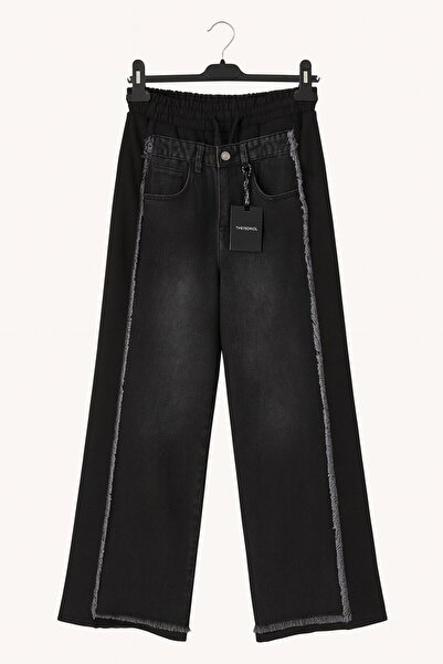 i8 Denim Blugi Dama Wide Led cu Talie Inalta si Detalii Franjurate