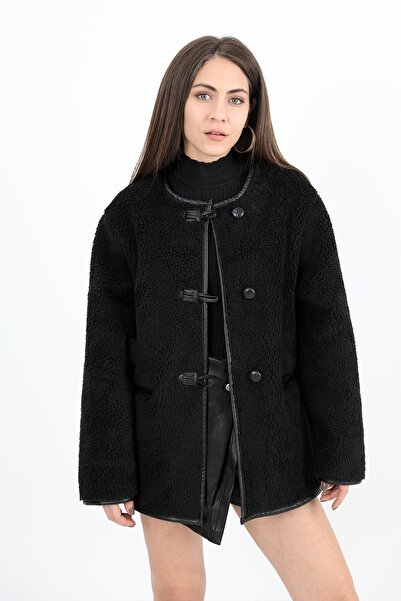 VELİZADE Noul sezon Jachetă oversize neagră, cu guler tip bicicletă, din lână...