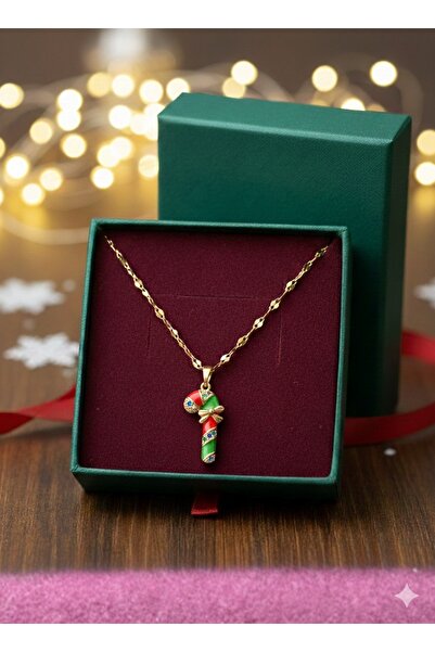 Bİ BONCUK Yılbaşı Kolyesi Baston Şekerli Noel Kolye 316L Çelik Hediye Kutulu Kararmaz Yılbaşı Hediyesi