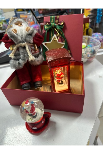 u-toys Yılbası seti noelbaba ısıklı telefon kulubesı ve fıncanlı kar küresi s...
