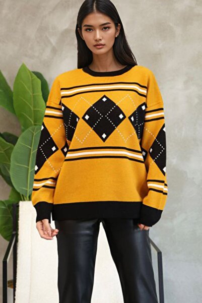 Trend Alaçatı Stili Women's mustard crew neck baklava patterned knit sweater ...