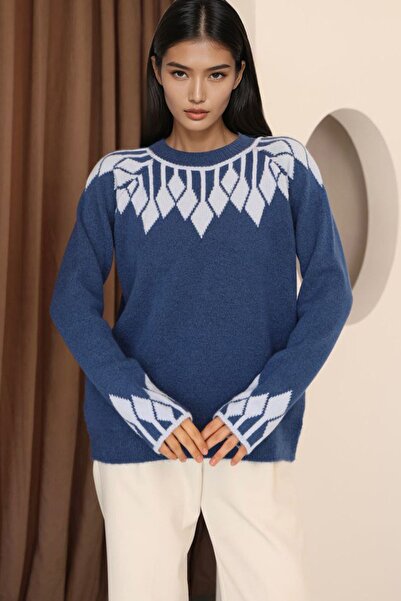 Trend Alaçatı Stili Women's indigo patterned knit sweater with collar and cuf...