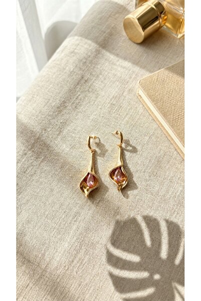 SR Jewelry Box Altın Formlu Pembe Damla Taşlı Zarif Küpe – Işıltılı Şık Tasar...