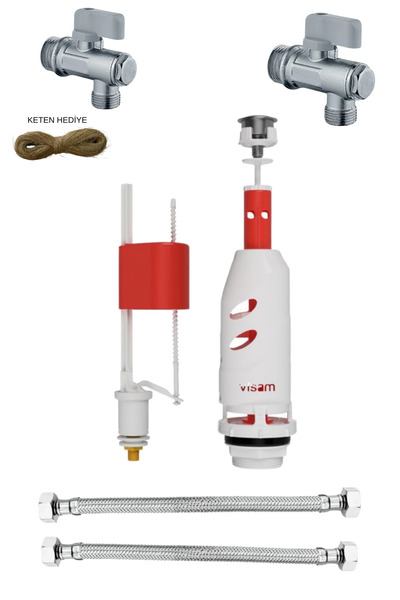 Visam Klozet Rezervuar İç Takım Seti | Sessiz Çalışır Sifon+Ara Musluk(2 Adet)+70 Cm Fileks(2 Adet)