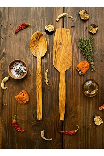 Home Natural Wood Small Size 2 Pieces Spoon and Spatula 32 cm Olive Wood Hand...