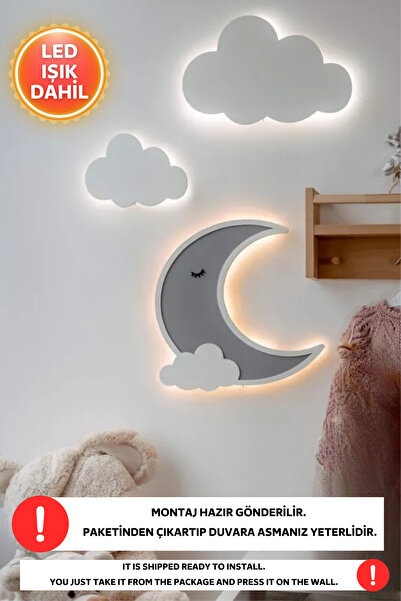 Dekorvin 3lü Set 2 Bulut 1 Ay Led Işık Gece Lambası Bebek Çocuk Odası Duvar D...