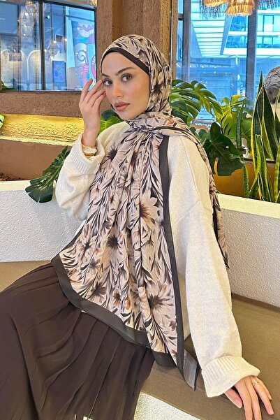 lamelif Daisy Flowers Pattern Soft Cotton Shawl Mink Color