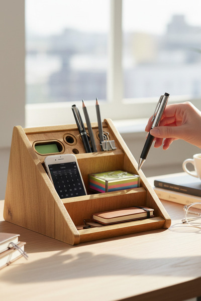 MONTETOYS منظم سطح المكتب الخشبي، حامل أقلام مربع مائل مكون من 3 أقسام