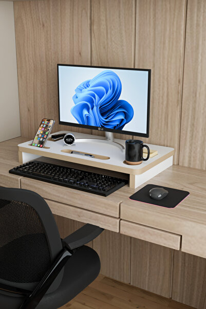 alpaevmobilya حامل شاشة مريح من MDF، منظم سطح المكتب مع حامل للهاتف وحجرة للأكواب