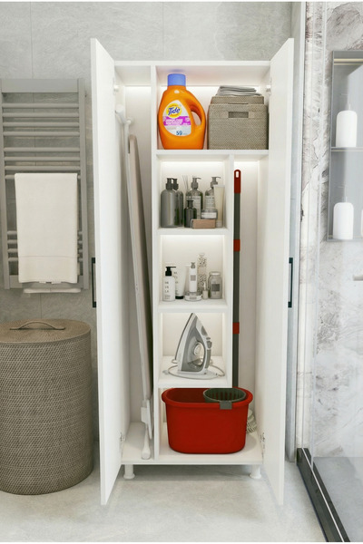 MONTENERO Çok Amaçlı Dolap Beyaz Banyo Düzenleyici Kiler Dolabı Kova Süpürge ...