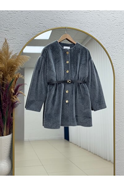 MİHRA STORE Barra Beli Elasticated Gold Button Balloon Sleeve Fox Coat-Zş6015...