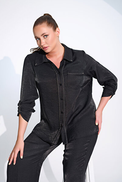 DE WHITES Plus Size Shirt with Front and Collar Accessory Details