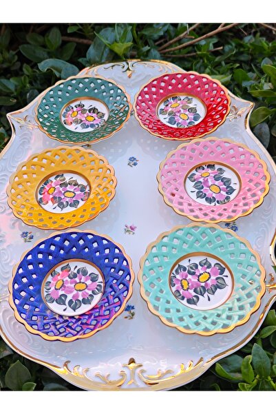 manushum El Boyama Delikli Porselen Çay Tabağı 6 Lı Set-renkli