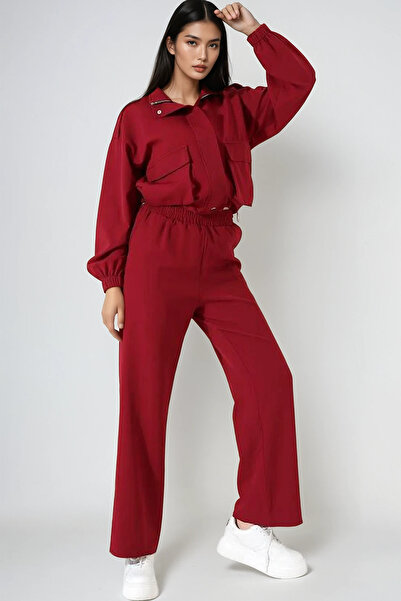 Trend Alaçatı Stili Kadın Kırmızı Dik Yaka Torba Cepli Crop Ceket Ve Pantolon...