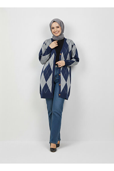 MİHRA STORE Delesia Baklava Pattern Button Cardigan-Zİ5554 Navy