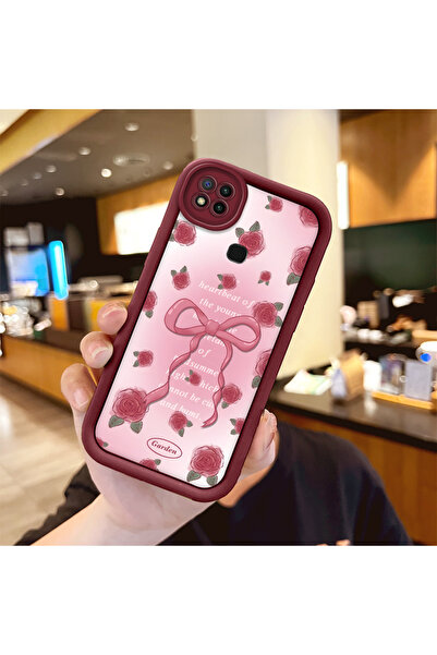 ucuc Xiaomi Redmi 9C Uyumlu Güzel Gül Desenli Bordo Silikon Darbe Koruma Kılıfı