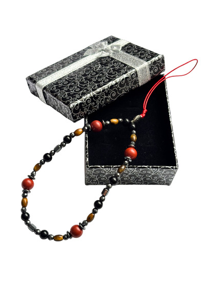 ayrestyle Red Jasper Natural Stone Phone Charm – Red String Strap with Hematite Detail – Compatible with All Phones