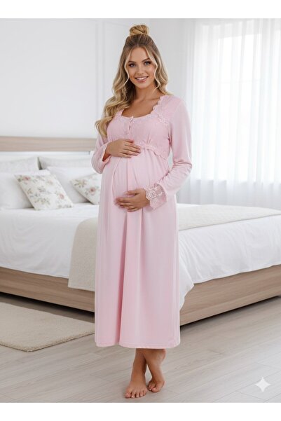 Lohusa Homewear Kadın Pudra Tasarım Dantel Detaylı Şık Uzun Kollu Lohusa Hami...