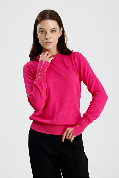 Figo Cuff Buttoned Crew Neck Long Sleeve Women's Sweater