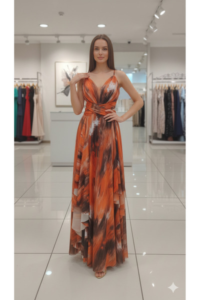 MAKKASMODA İP ASKILI SIRT DEKOLTELİ TÜL KUMAŞ DETAYLI ÇİFT YIRTMAÇLI ABİYE