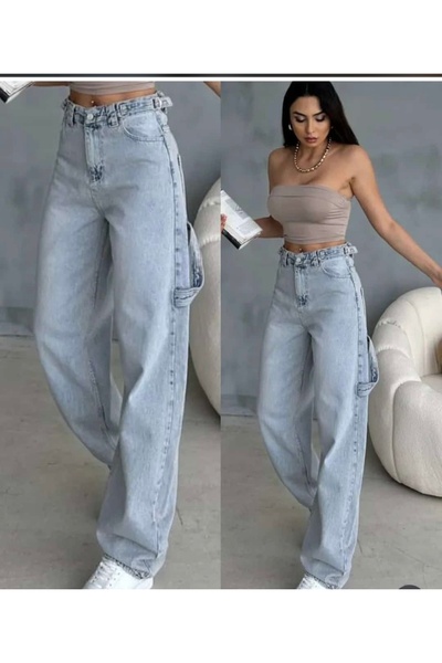 OEM Kadın Yüksek Bel Wide Leg Jean – Kemerli ve Yan Cepli Model