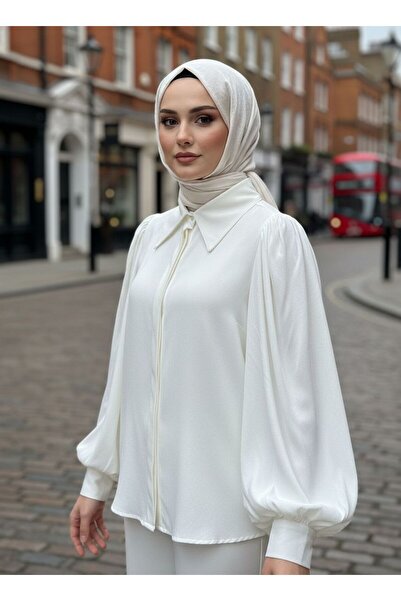 sedadenizstore بلوزة نسائية من Seda Deniz Store بلون إكرو محتشمة بأزرار قصة فضفاضة بلوزة منسوجة – قميص أنيق بأكمام بالون