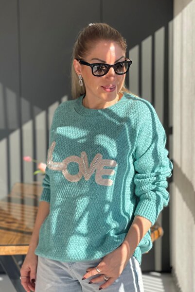 MİSLİNA BUTİK Love Kabartma Desen Mint Yeşili Kazak