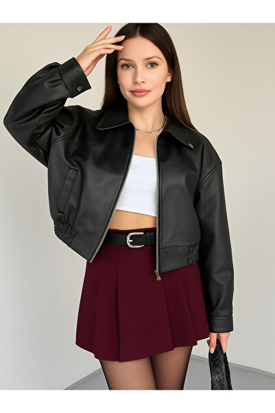 Blanco Women's New Season Black Oversized Biker Crop Bomber Leather Jacket