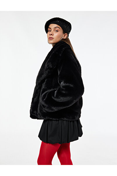 Koton Turn-Down Collar Pocket Detail Long Sleeve Faux Fur Coat