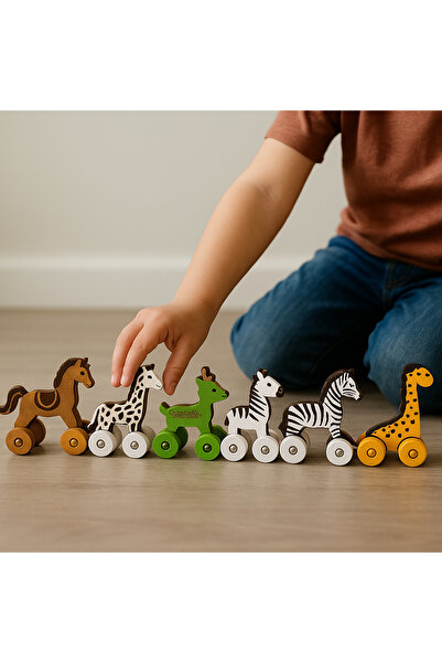 J TOYSS Ahşap Tekerlekli Hayvan Figürleri Seti 5’li | Eğitici Sürgülü Ahşap O...