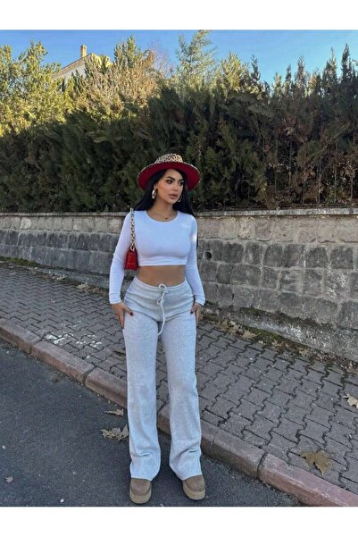 NEWLAKER Corded Fabric Fabric High Waist Loose Fit Gray Sweatpants