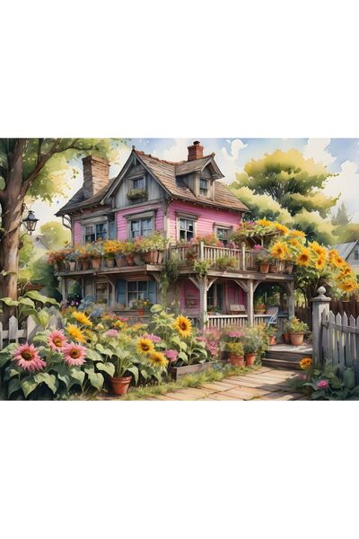 Nova Puzzle 1000 Piece Sunflower Pink Wooden House Puzzle - Pink Village House
