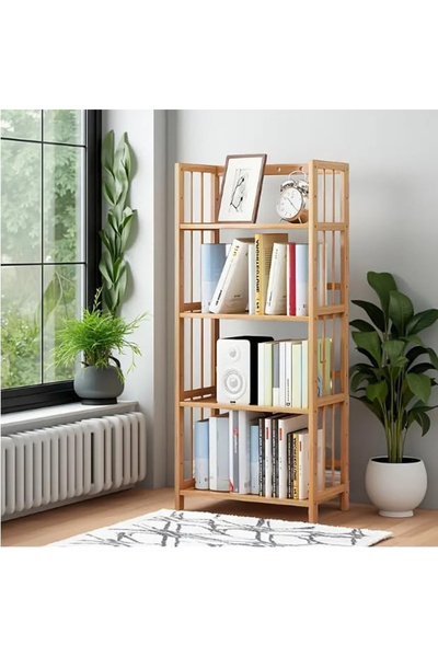 genric رف كتب ريفي من الخيزران من FFD، خزانة كتب خشبية مستقلة بأربعة طوابق ومنظم تخزين