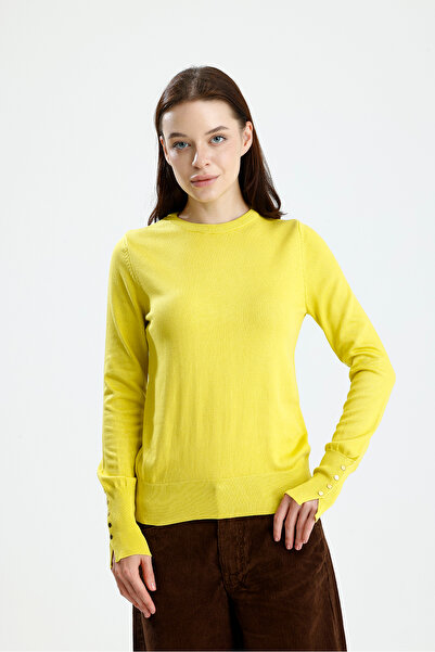 Figo Cuff Buttoned Crew Neck Long Sleeve Women's Sweater