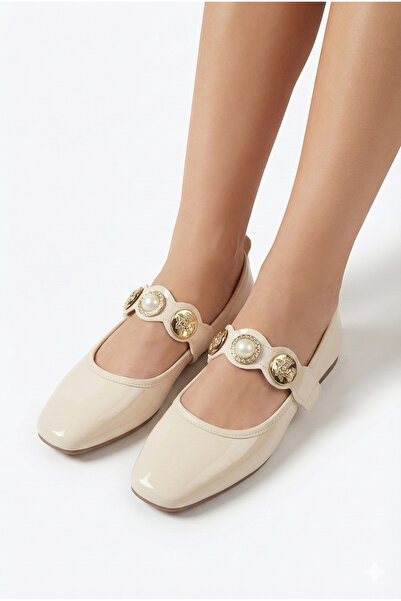 StWenn Tuğra Buckle Patent Leather Cream Women's Ballet Shoes with Gold Buckle, Stylish, Lightweight, Orthopedic, Soundless Sole