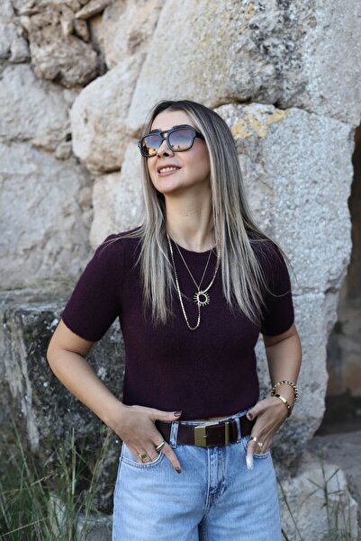 bytugcekaya Burgundy Standard Size Soft Textured Short Sleeve Sweater