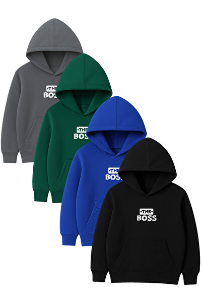 DUBU BUTİK 4-Piece Unisex Hooded Hoodie Set – the Bos Printed Kangaroo Pocket...