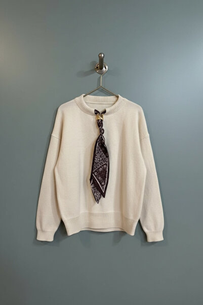 mahira collection Pulover tricotat pentru femei Ecru guler rotund cu eșarfă