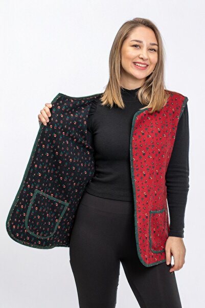 Eliş Şile Bezi Sleeveless Virgin Mary Double-Sided Pocket Flannel Winter Vest Black/Burgundy Syh/Brd