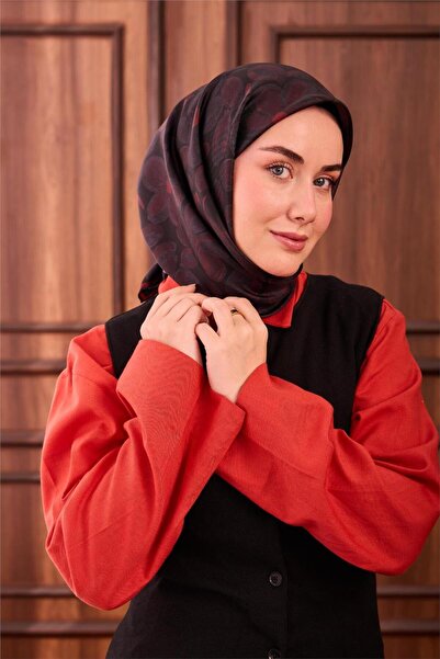 Silk Home Μεταξωτό μαντήλι από μετάξι Μαύρο Κόκκινο Ανθρακί με σχέδιο μαργαρί...